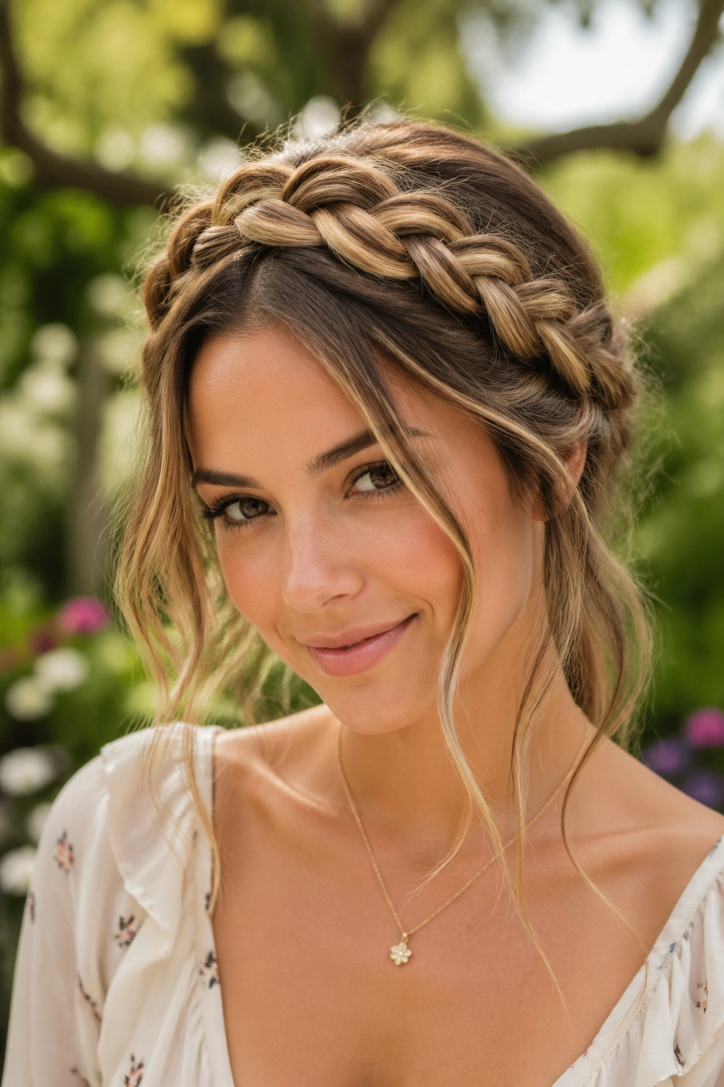 Close-up of a real woman with a loose boho braid headband and wisps around the face