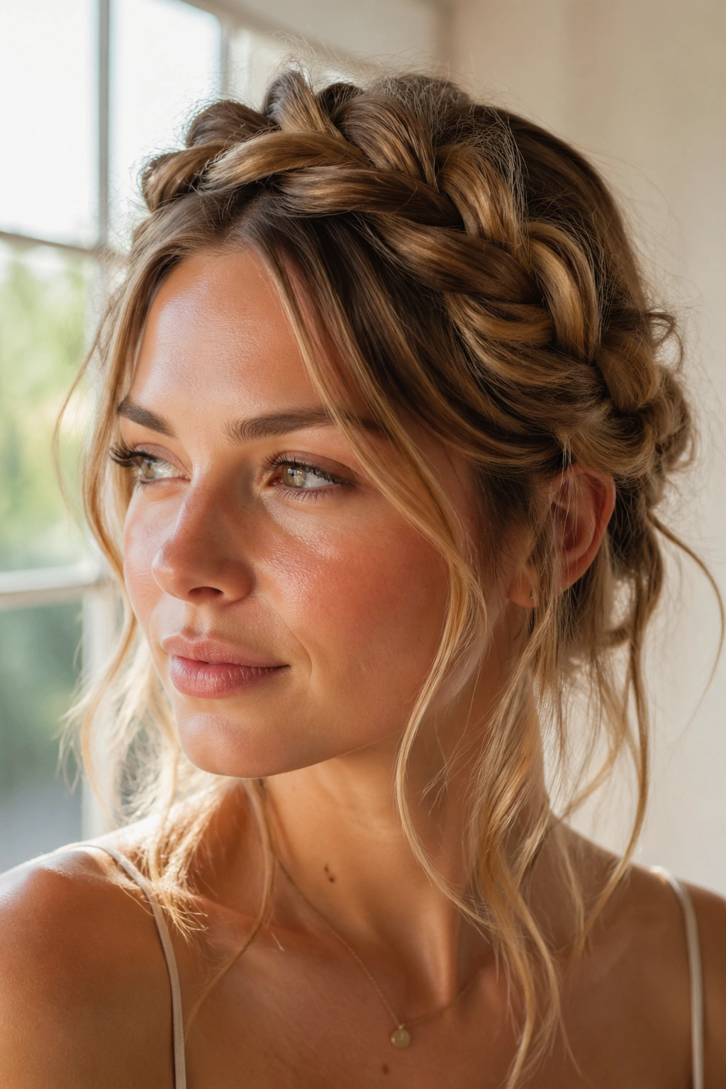 Close-up of a loose boho crown braid on a real woman in natural light