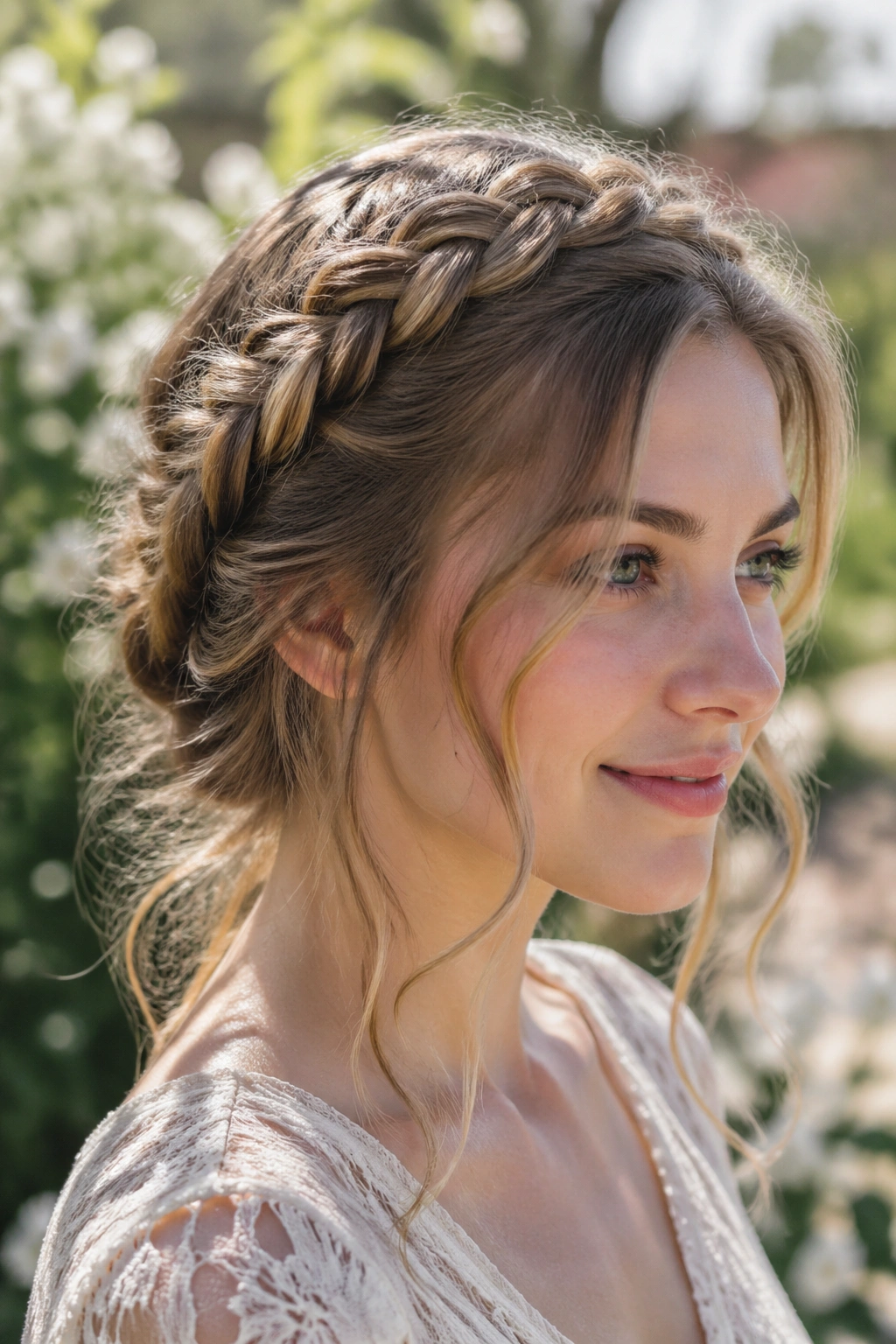 Close-up of a real woman with a loose boho halo and tendrils