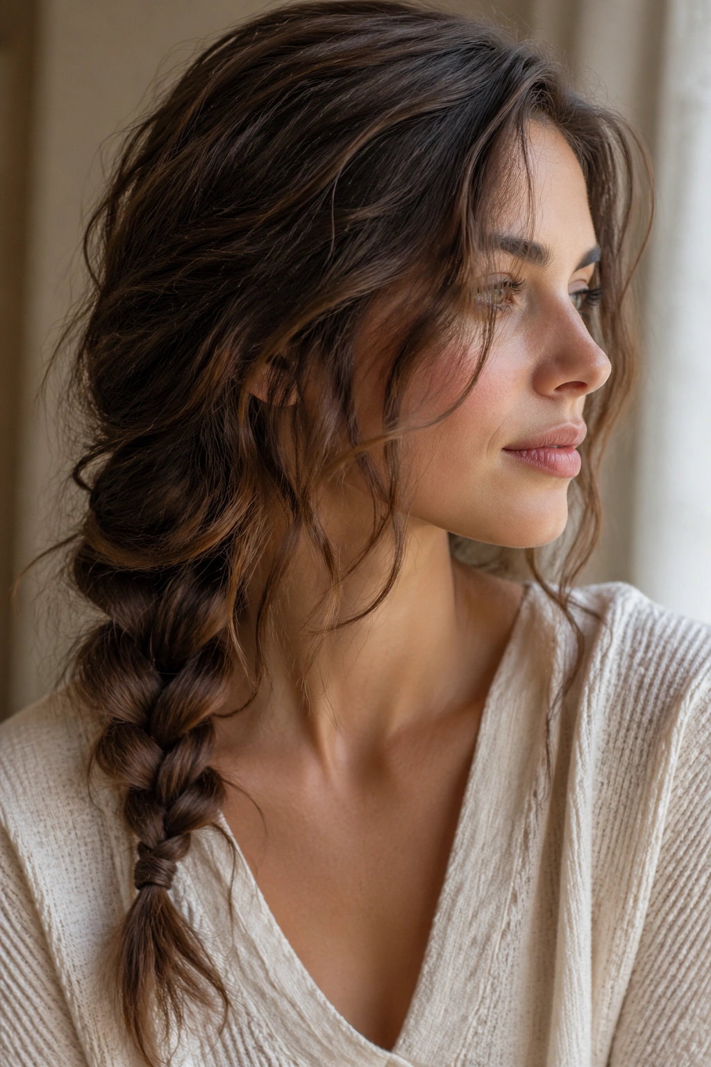 Close-up of a real woman with a loose braid and natural waves