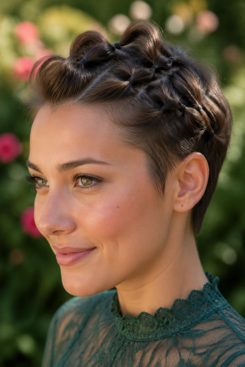Close-up of a real woman with loose pulled bubble braids for soft volume on a pixie cut.