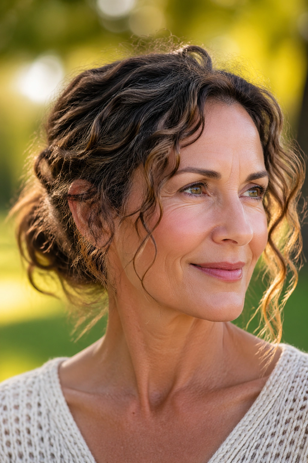 Close-up of a real woman with a loose bun and face-framing tendrils