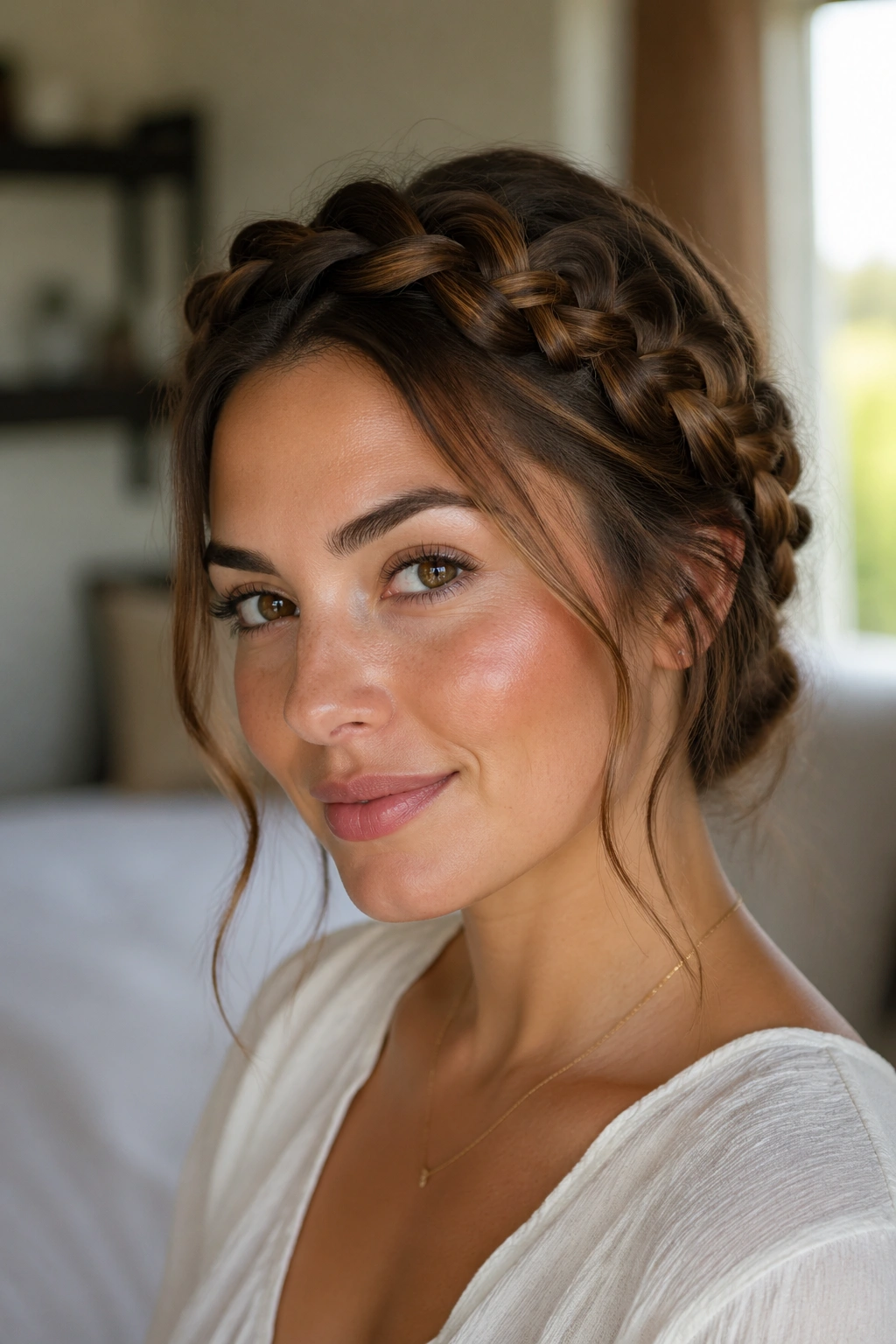 Close-up of a woman with a loose crown braid in soft window light