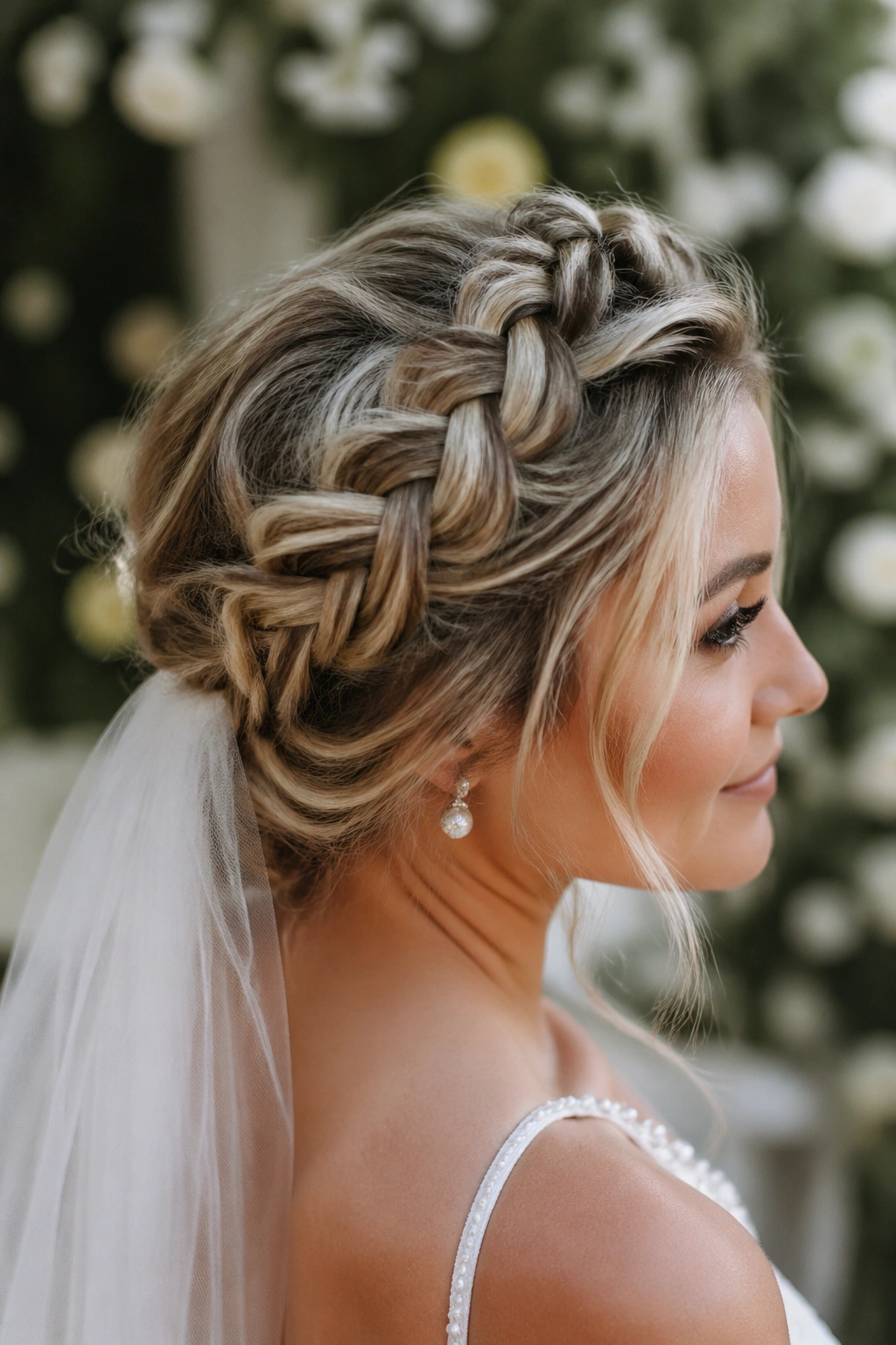 Close-up of a real bride with a loose Dutch halo braid and veil
