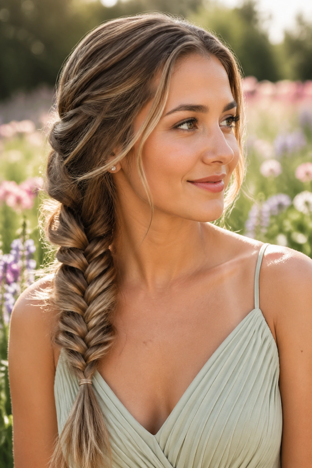 Close-up of a real woman with a loose fishtail braid over the shoulder in a garden
