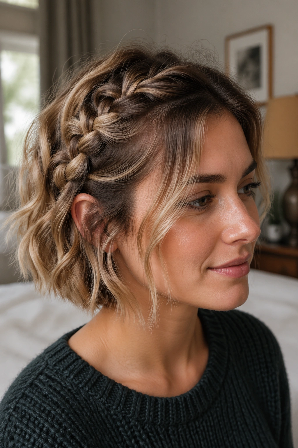 Close-up of a real woman with a loose French braid on a bob