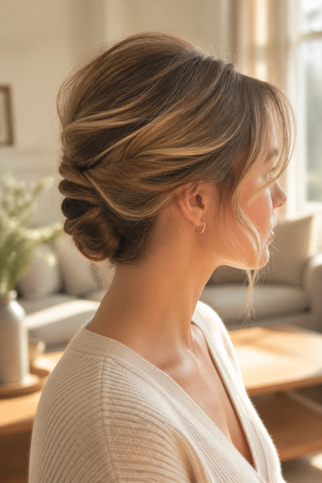 Side profile of a woman with a loose French roll at the nape