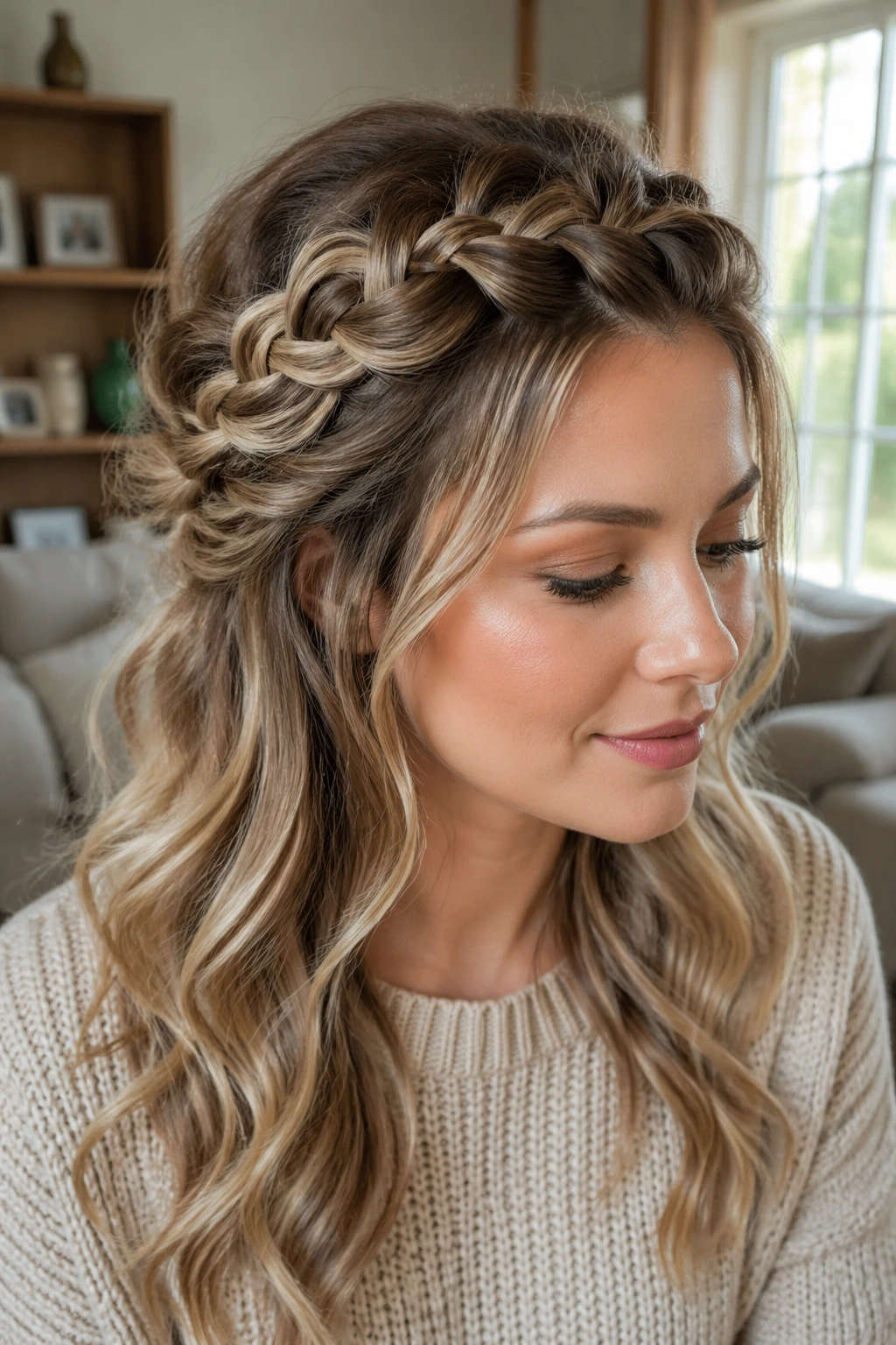 Real woman with loose Dutch halo braid and waves, soft light.