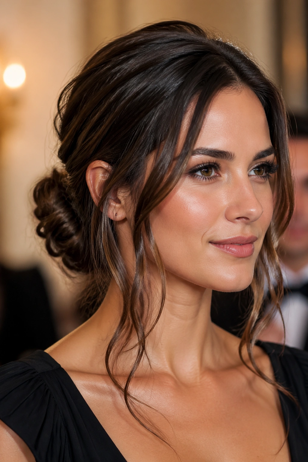 Close-up of a woman with a loose low bun and tendrils around the face