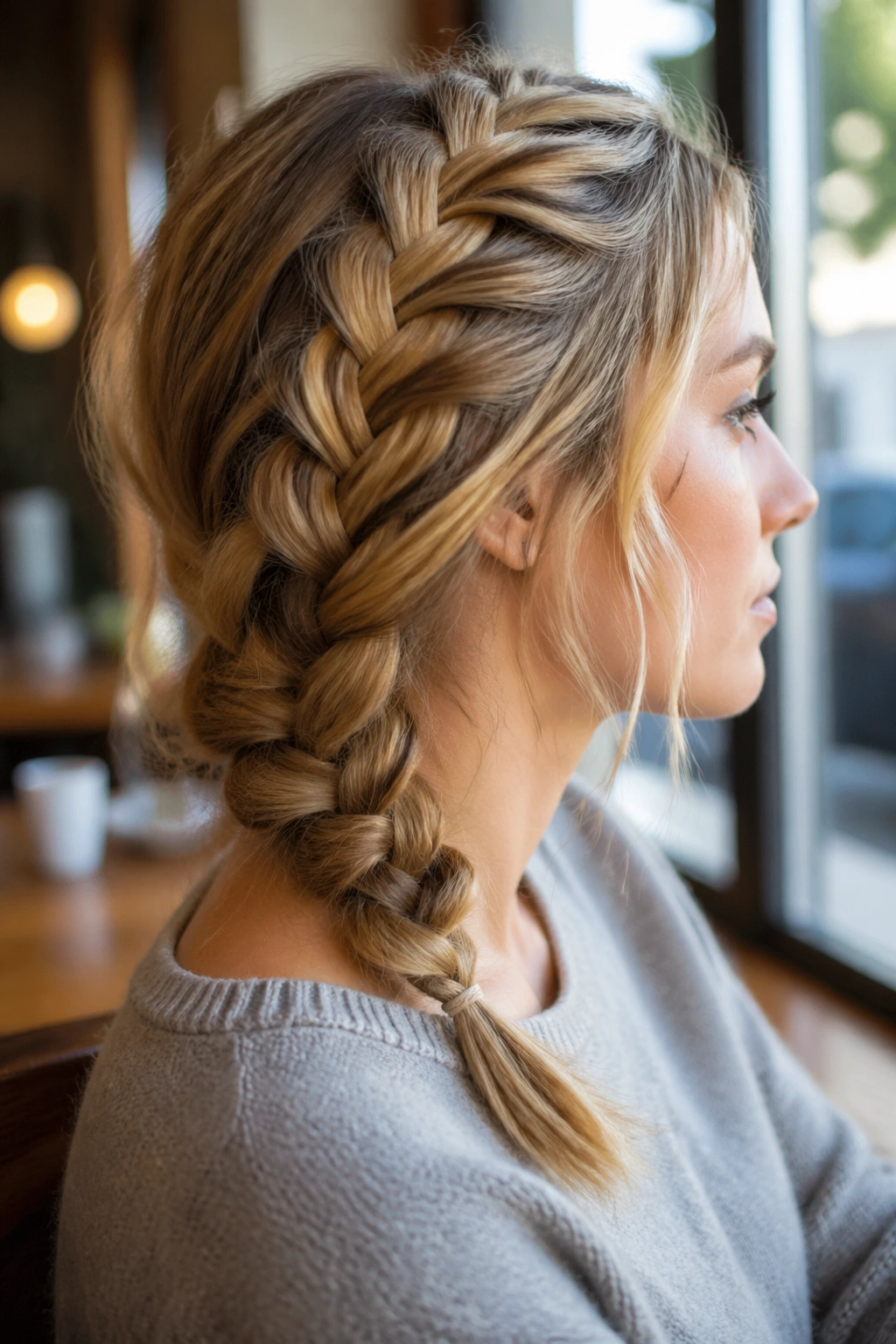 Real person with loose pancaked French braid at cafe.