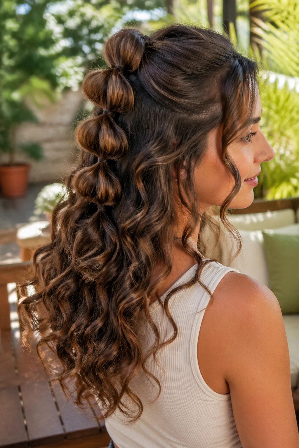 Close-up of a real woman wearing a loose pull-through bubble braid in a sunlit garden