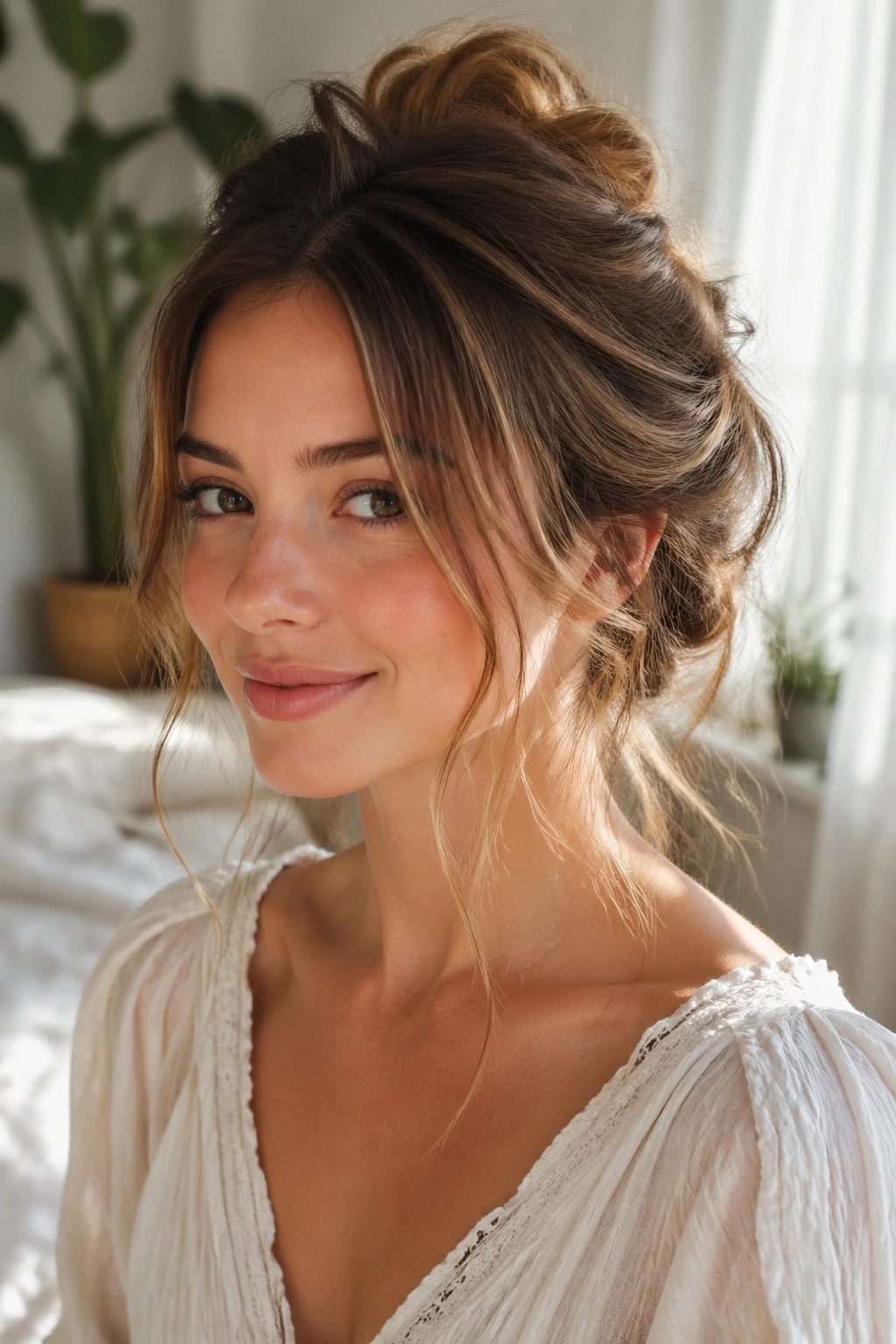 Close-up portrait of a woman with a loose romantic updo