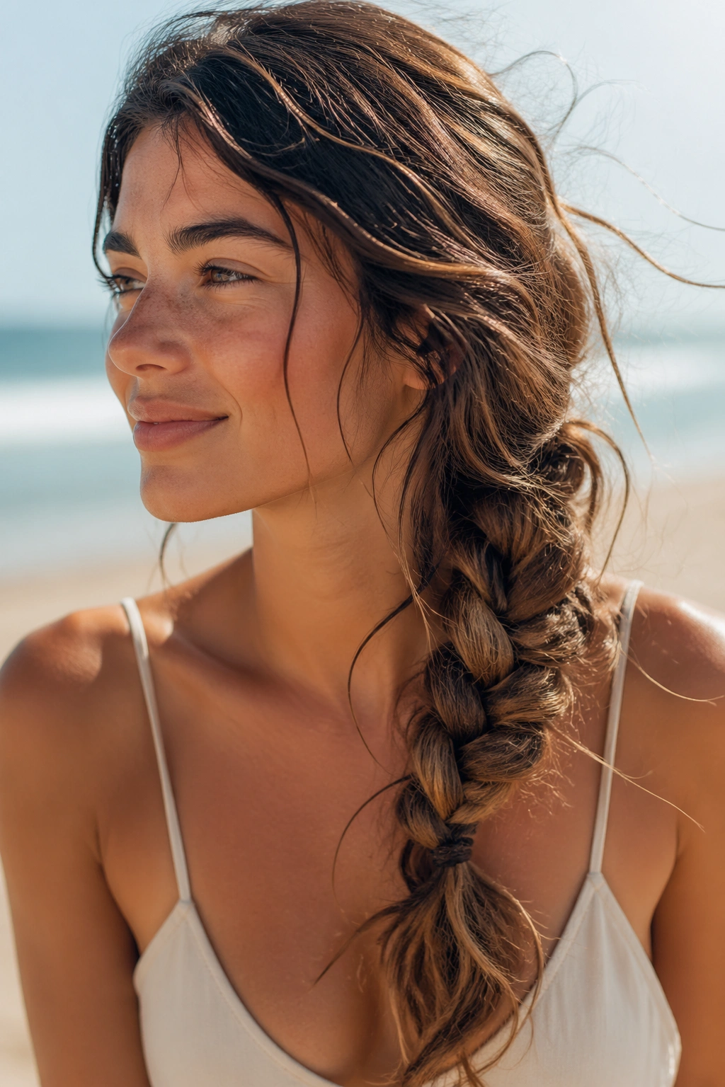 Close-up of loose undone rope braid on real person at the beach