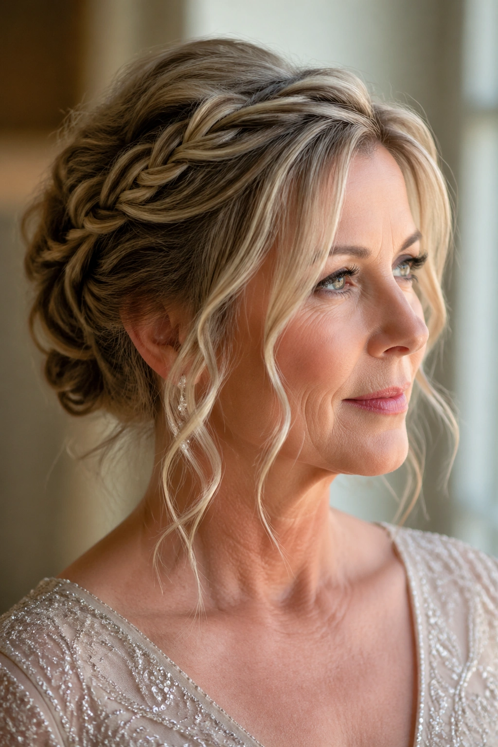 Real woman with loose romantic rope braid updo and face-framing pieces