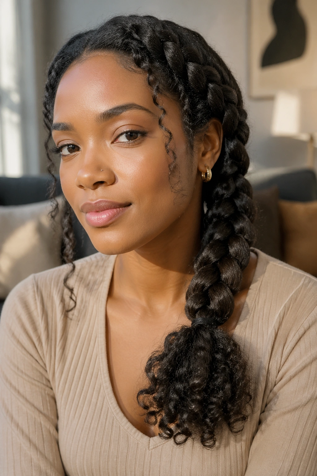 Close-up of real person with a loose side rope braid that flares at the ends on 3B/3C curls, warm natural light