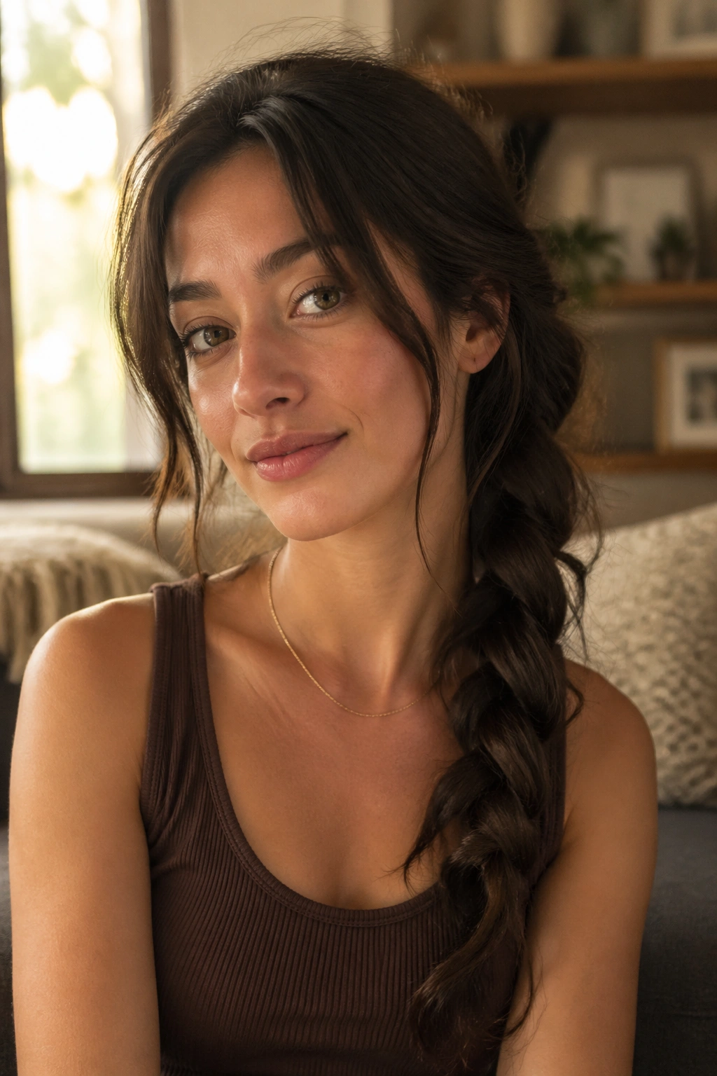 Real woman with loose side braid and undone curtain bangs.