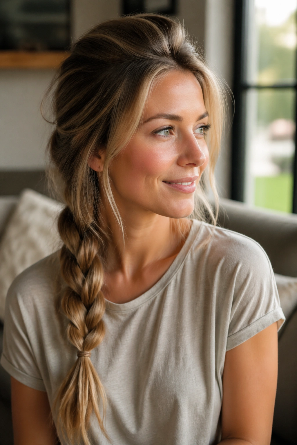 Close-up of a real woman with a loose side braid and crown lift in natural light.