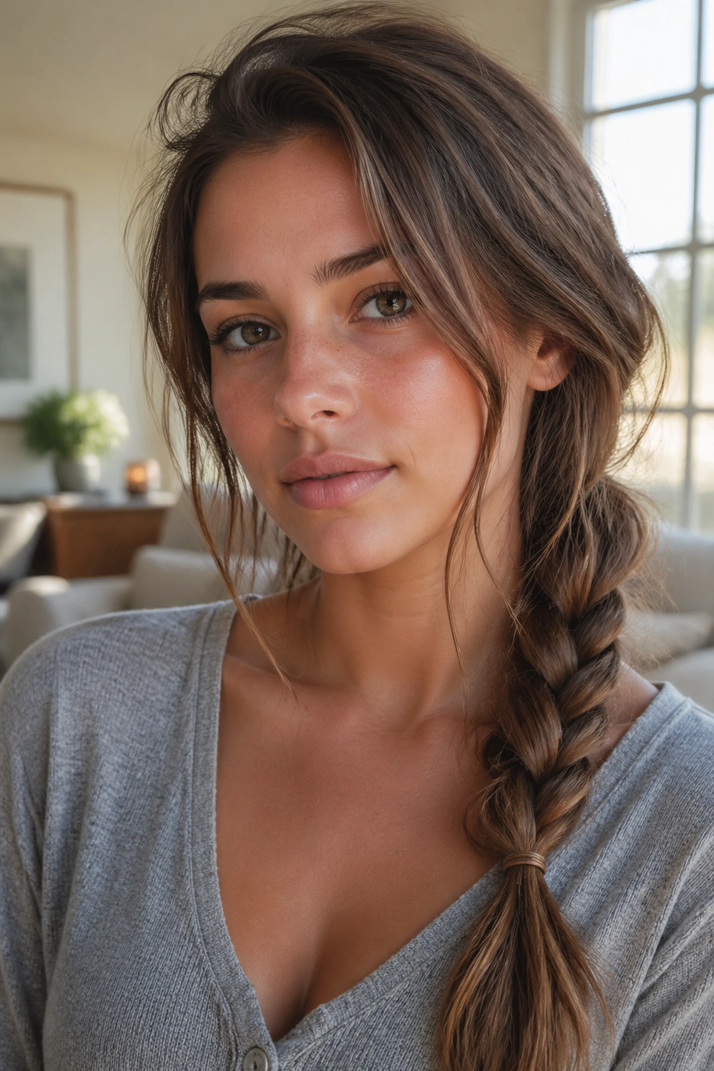 Close-up of a real woman with a loose side braid and face-framing pieces in natural window light
