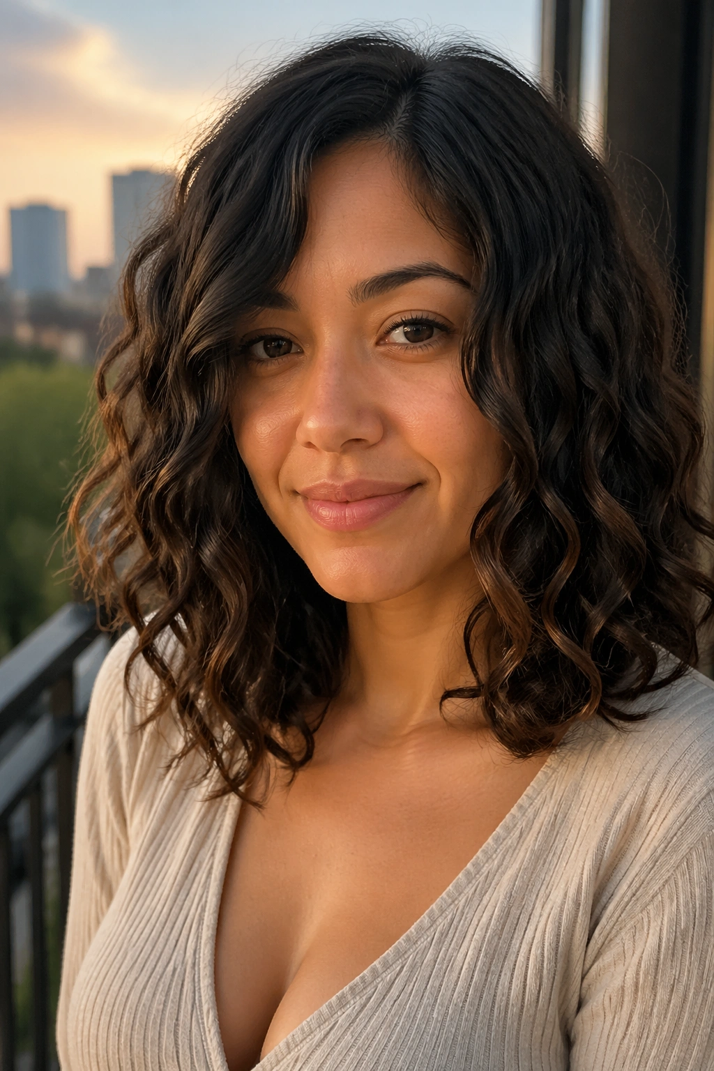 Close-up of a real woman with loose spiral lob curls and soft lighting