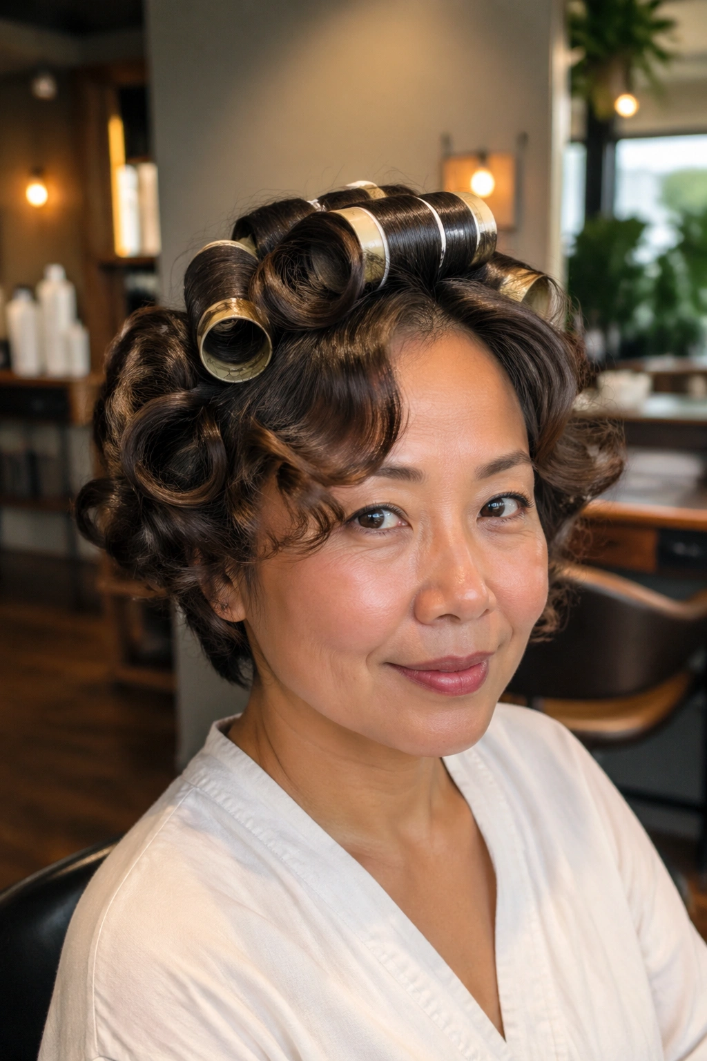 Close-up of a real woman with loose spiral curls formed by oversized rods