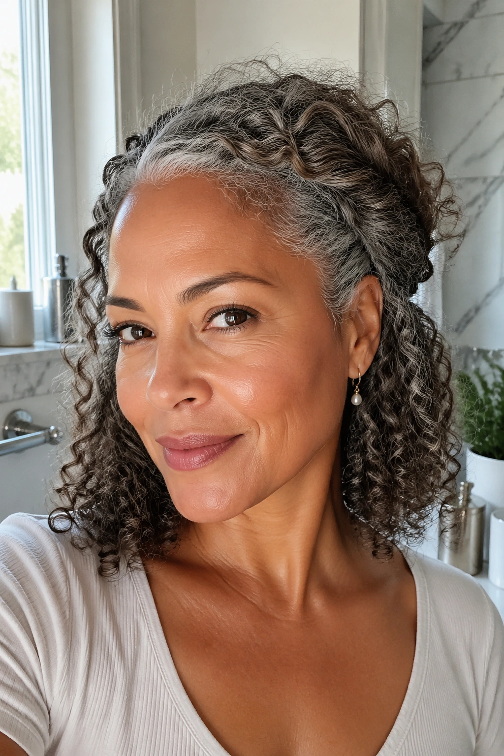 Real woman with loose twist-and-pin hairstyle in a bright home setting