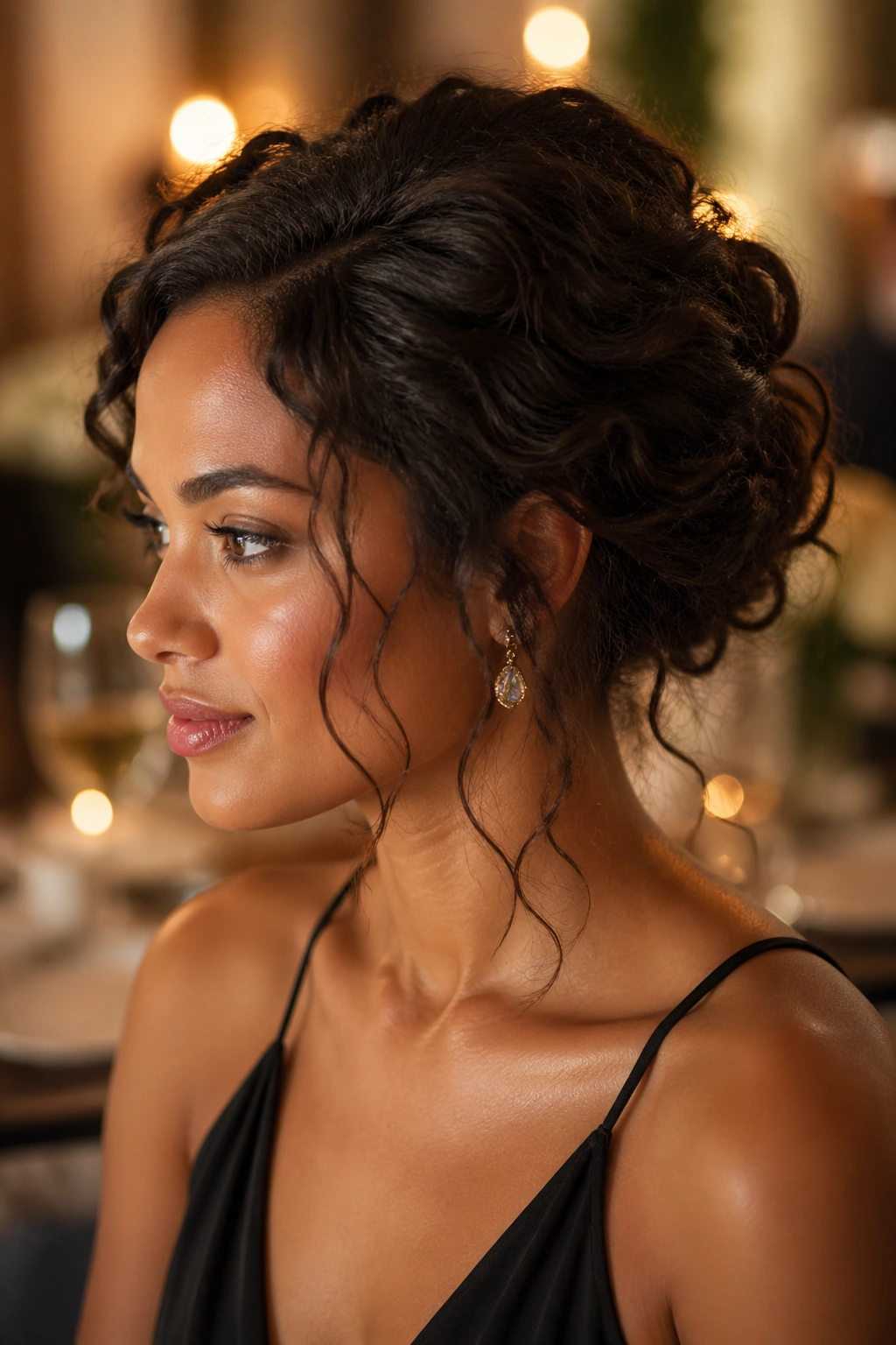 Close-up portrait of a real woman with a loose updo and tendrils framing the face