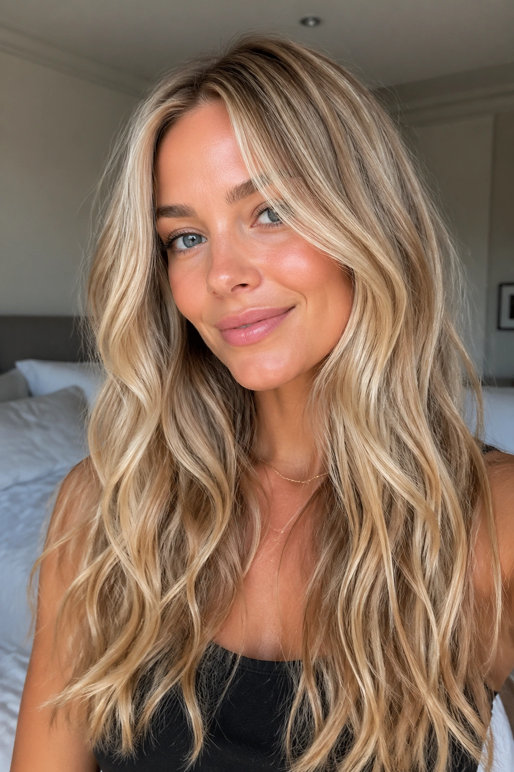 Close-up of a real woman with loose waves in long blonde hair in a sunlit bedroom
