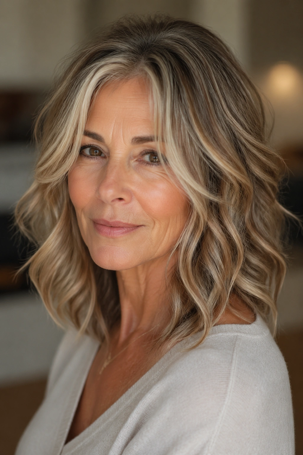 Close-up portrait of a woman with loose waves and face-framing pieces