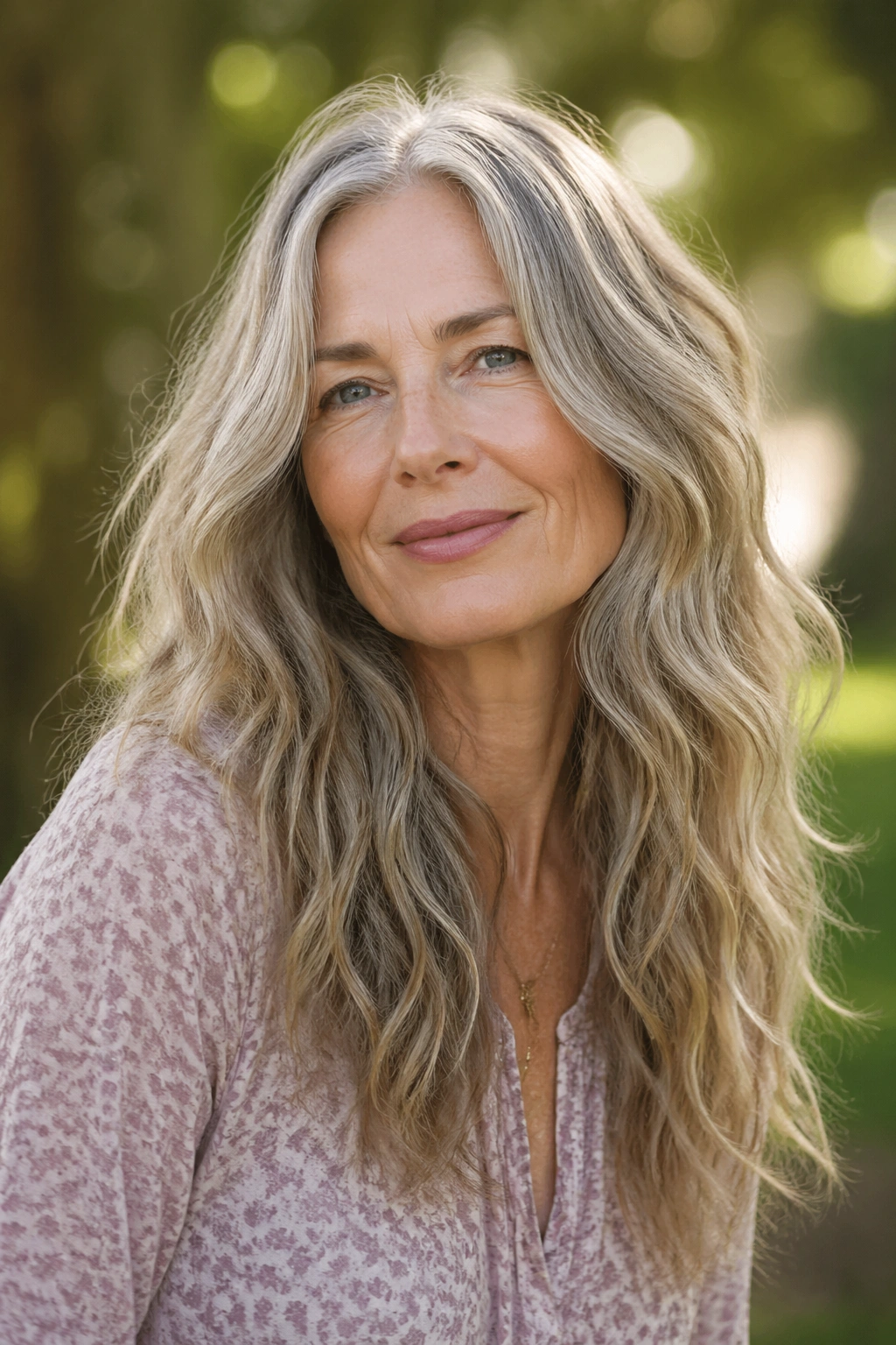 Close-up of a woman with loose waves and invisible layers