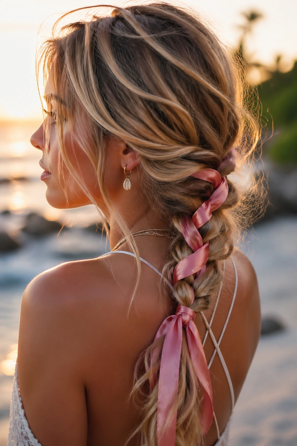 Close-up of low boho mermaid braid with ribbon on real woman.