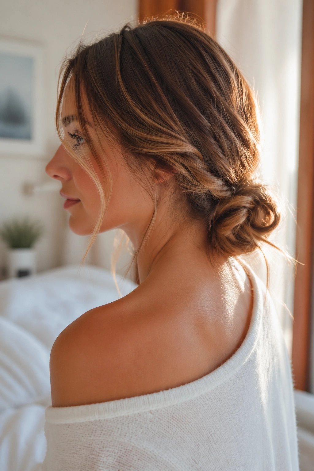 Close-up of a real person with a low braid knot at the nape and loose front pieces.