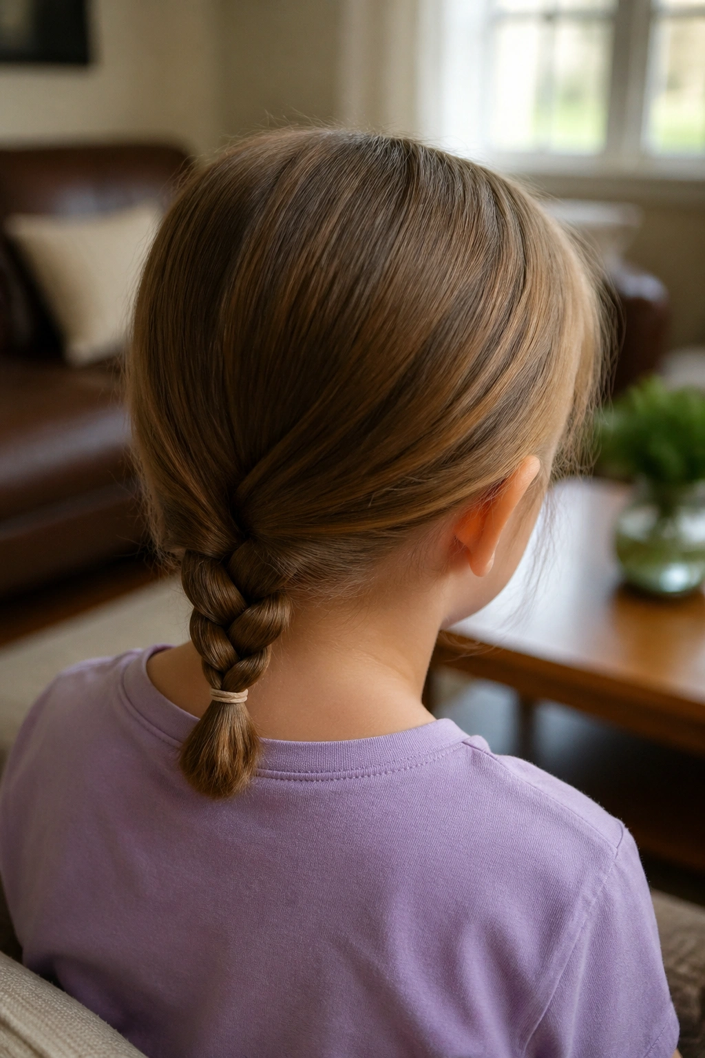 Back view of a real child with a low braid at the nape