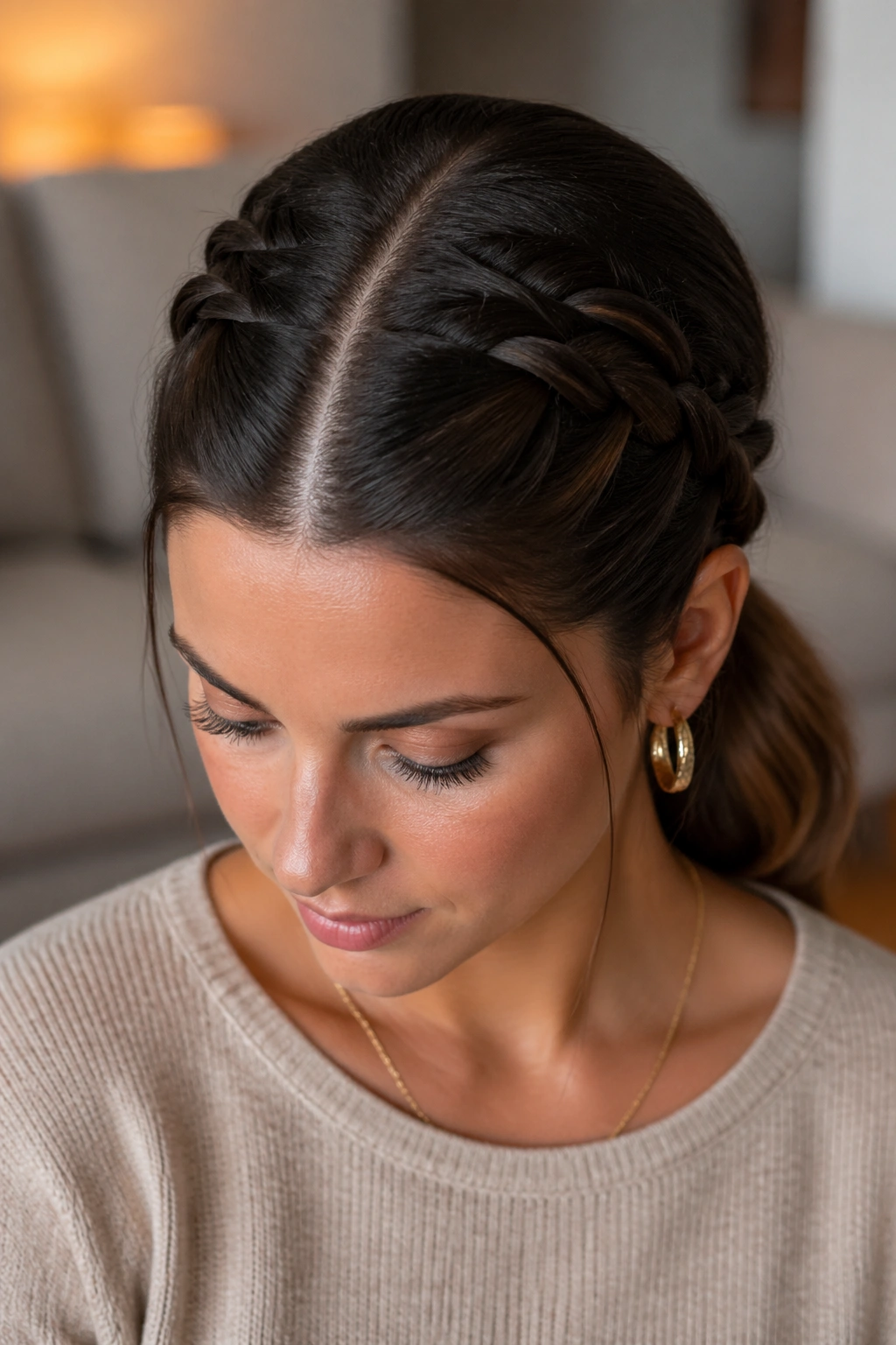 Close-up of a real woman with a center-part low French braid ponytail