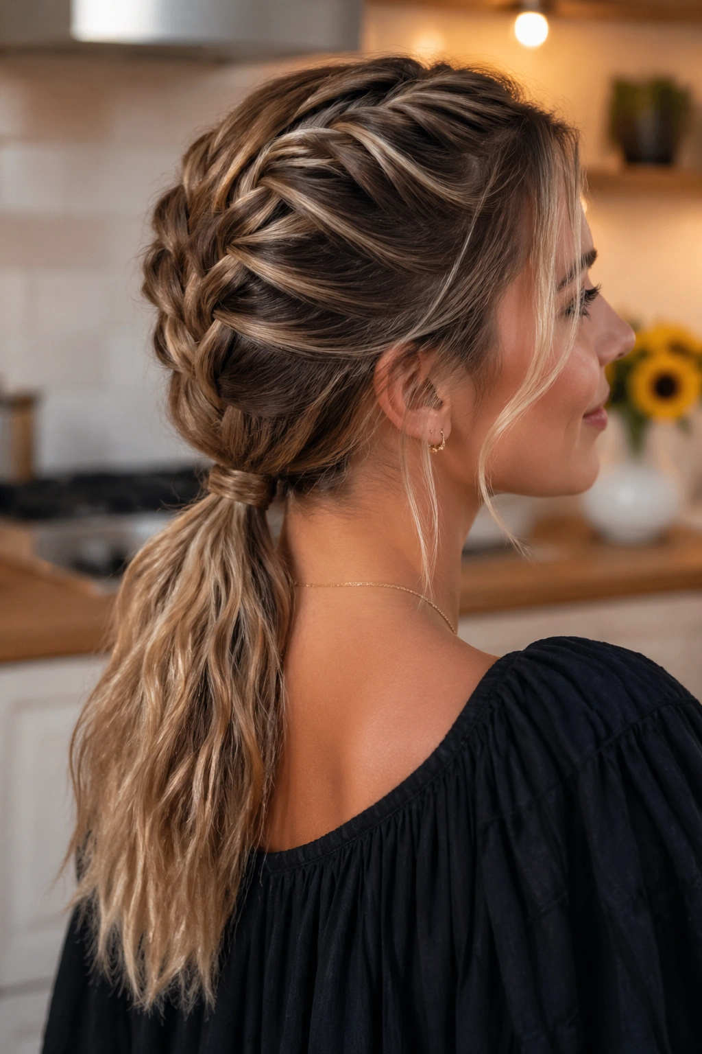 Real woman with a low ponytail formed from a French braid and a textured tail, warm kitchen light.