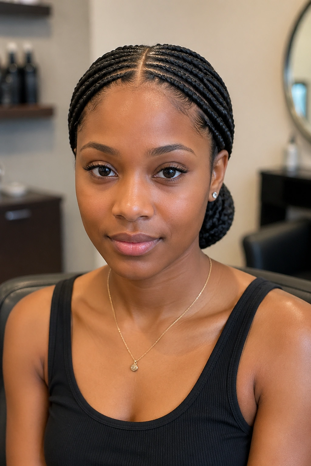 Close-up of a real woman with a low braided bun and straight center part.
