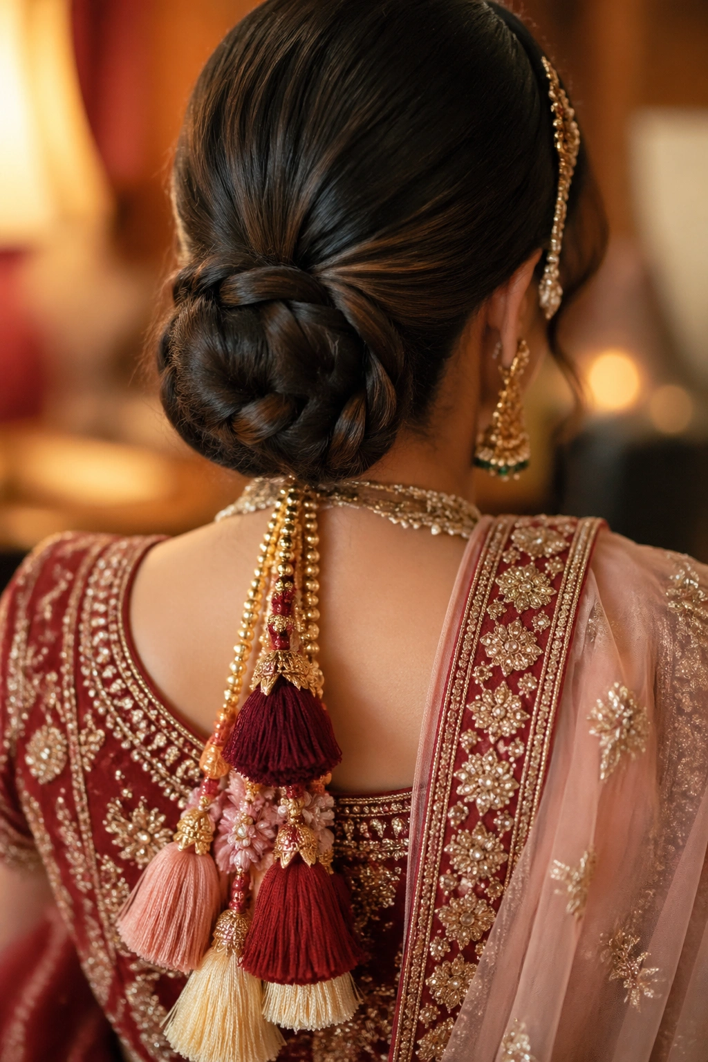 Back view of real bride with low braided bun and parandi tail