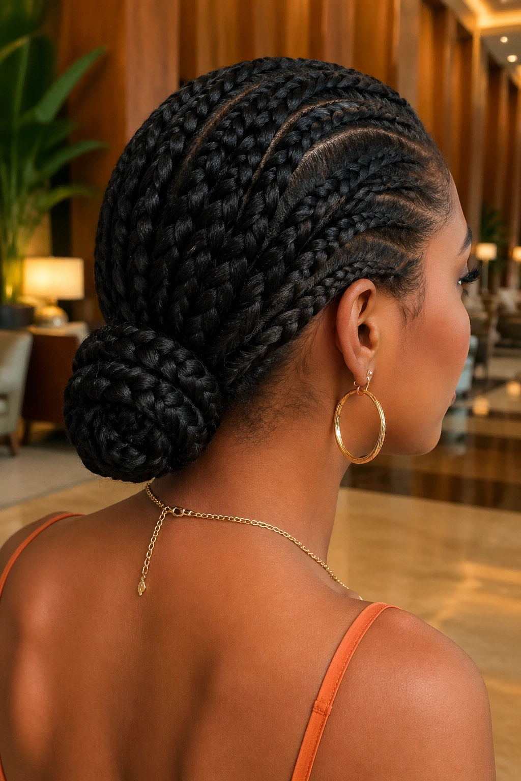 Back/side profile of a real person with a low braided chignon at the nape