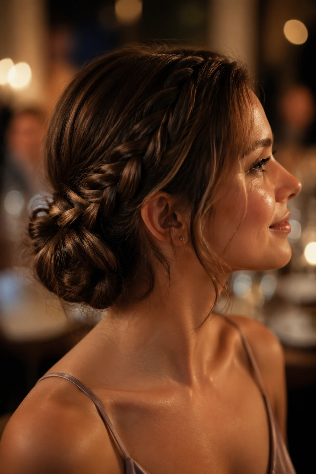 Portrait of a woman with a low braided chignon at the nape