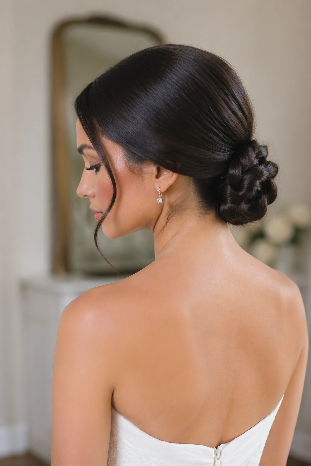 Close-up of a real bride with a low braided knot and strapless neckline visible