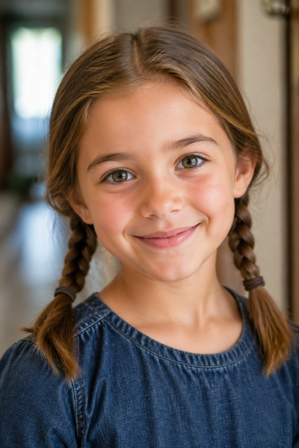 Real girl with two low braided pigtails in hallway light.