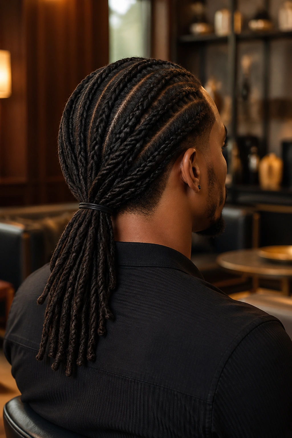 Rear portrait showing a low braided ponytail at the nape