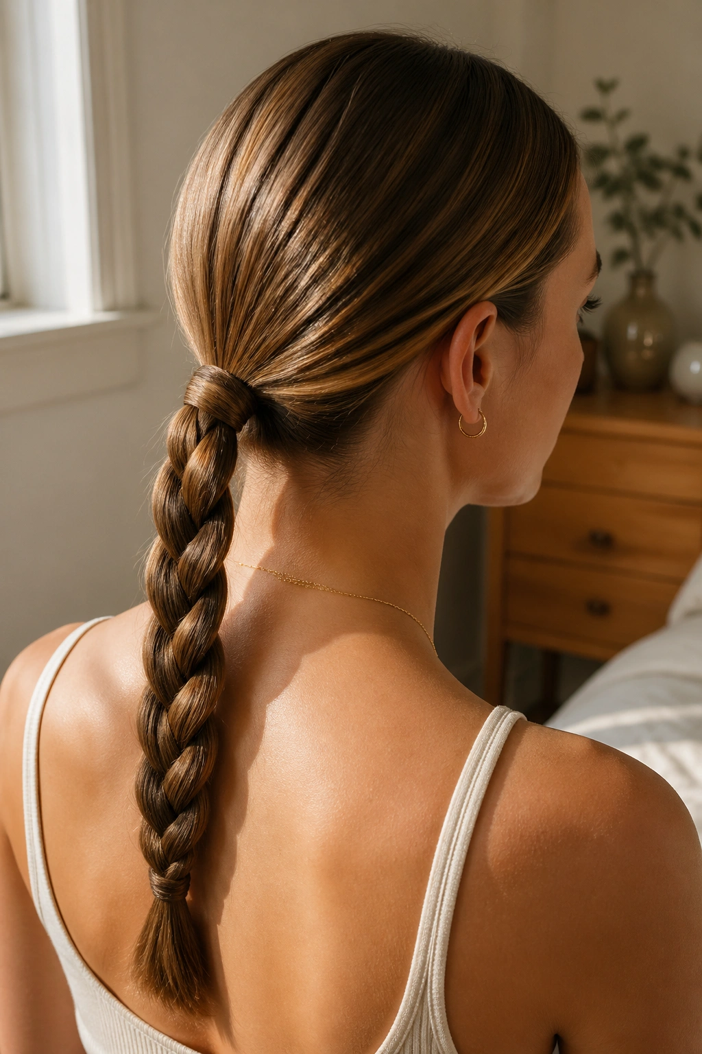 Close-up of a single braid pulled back into a low ponytail on a real person.