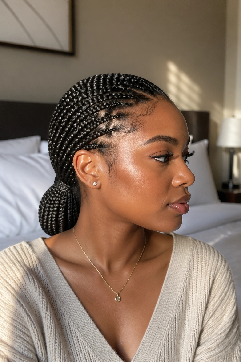 Close-up of a real Black woman with a low braided ponytail at the nape on Type 4 hair