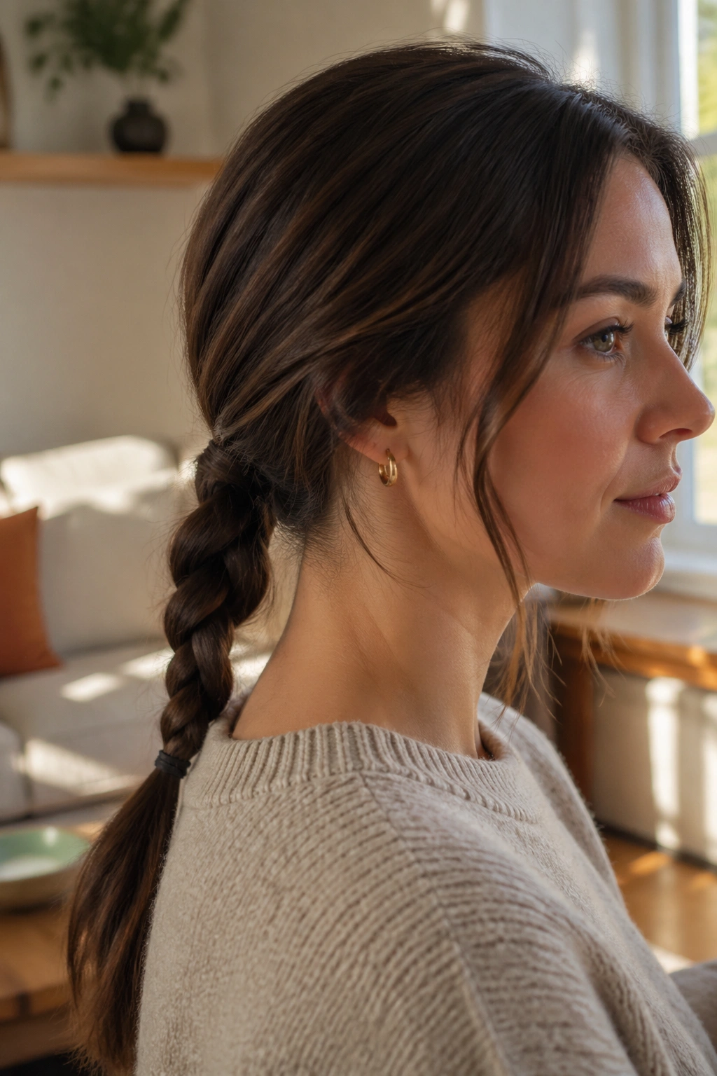 Close-up of a real woman with a low braided ponytail at the nape