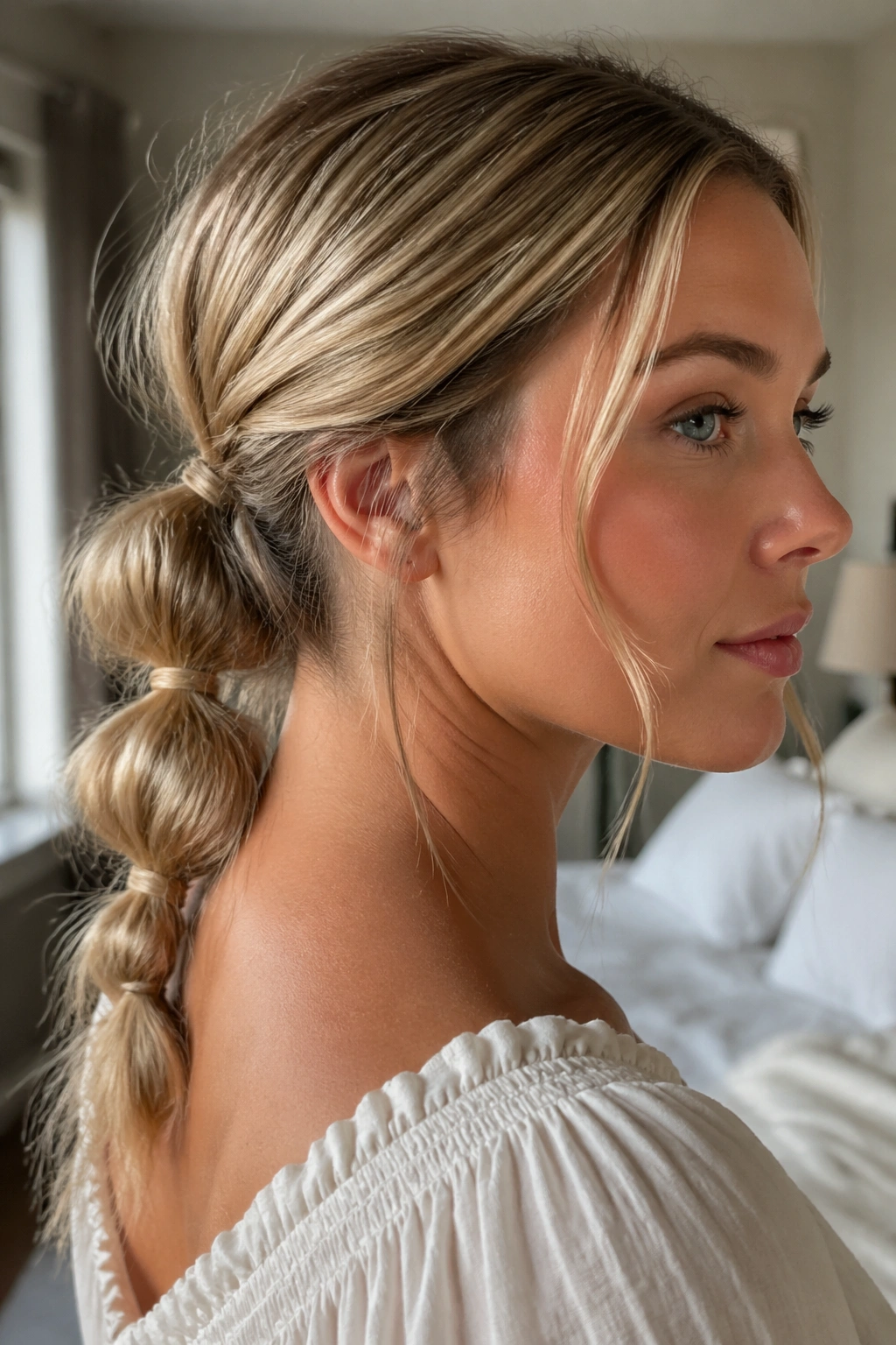 Real woman with a low messy bubble braid and face-framing pieces, close-up portrait