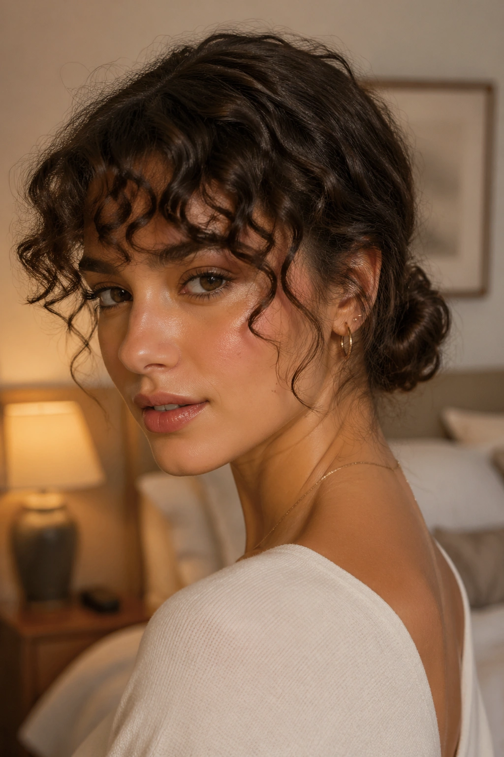Close-up of a real woman with a low bun and soft bangs under warm light