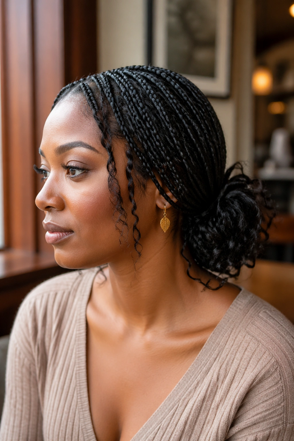 Close-up of a real woman with a low bun made of medium box braids and curling ends around the nape.