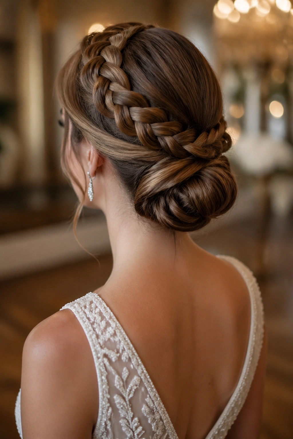 Back/three-quarter view of a real bride with a secure low bun and braided crown