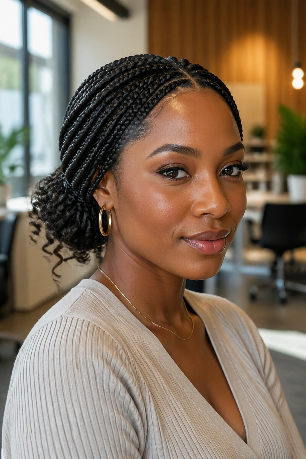 Close-up portrait of a real woman with a low bun and curly tail among indoor office setting