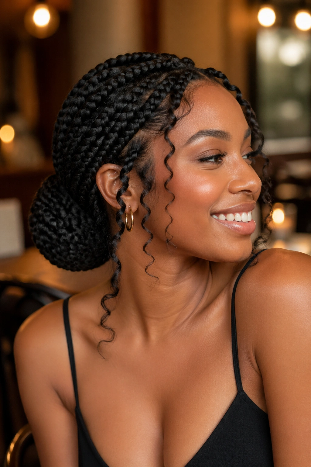 Real woman with a low bun of jumbo braids and curly pieces left out, warm setting